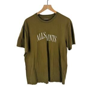 AllSaints Casual Relaxed Dropout Short Sleeve Crew Tee Olive Green Cotton Sz M